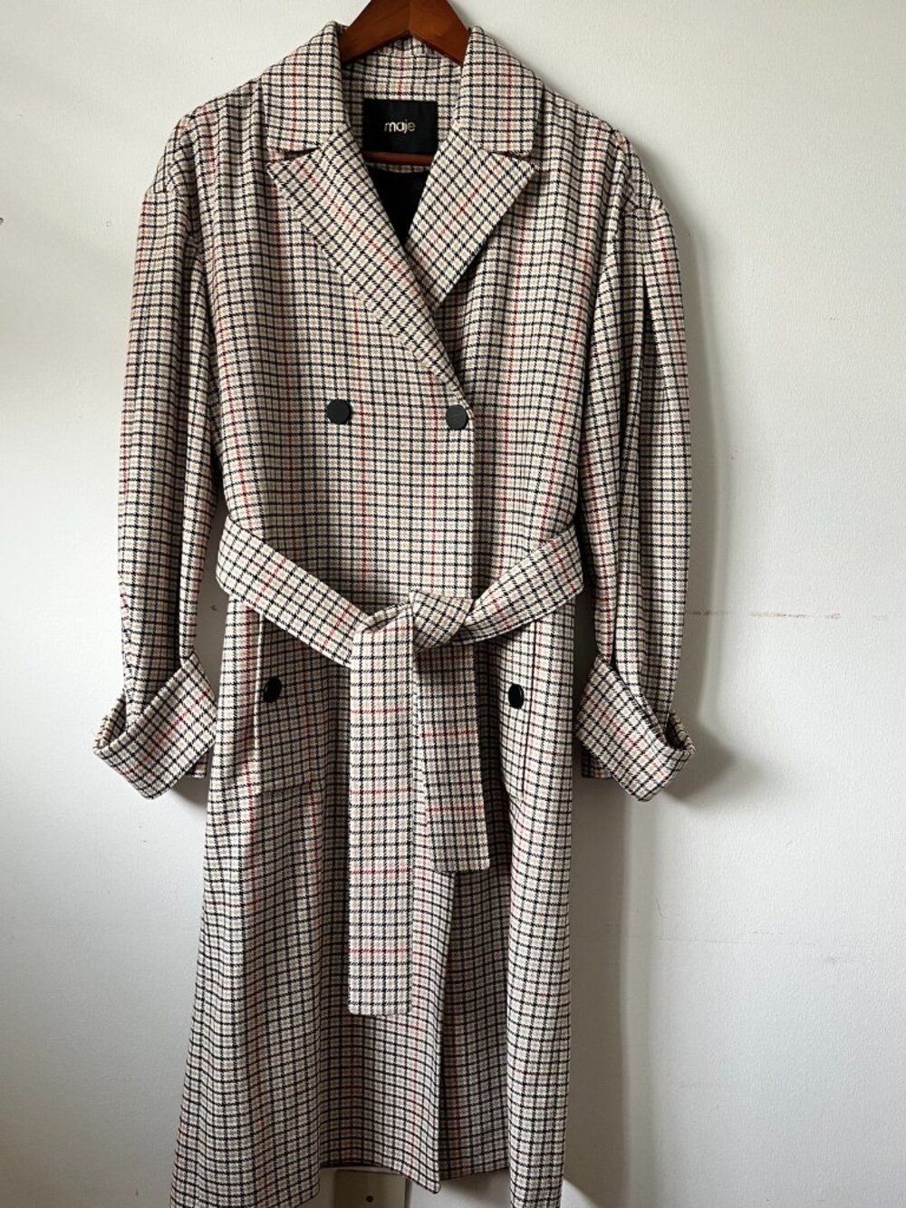 Maje Paris Long Plaid Checked Belted Brown Trench Coat FR 38 S/M Like New
